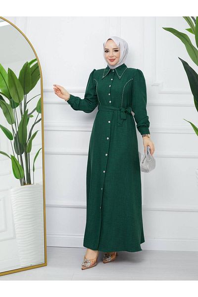asyadabutik Beaded Buttoned Belted Hijab 1stClass Linen Dress