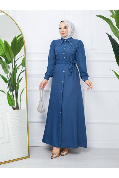 asyadabutik Beaded Buttoned Belted Hijab 1stClass Linen Dress