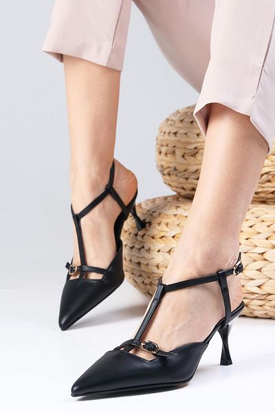 Mio Gusto Melissa Black Color Open Back Strap Women's Heeled Shoes