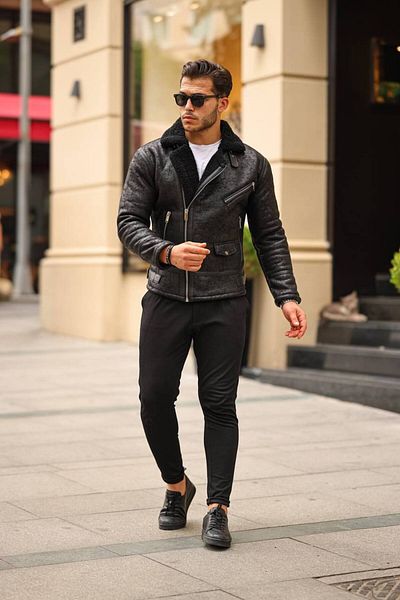 Boymen Men's Model Black Napa Leather Fur Lined Coat&Jacket
