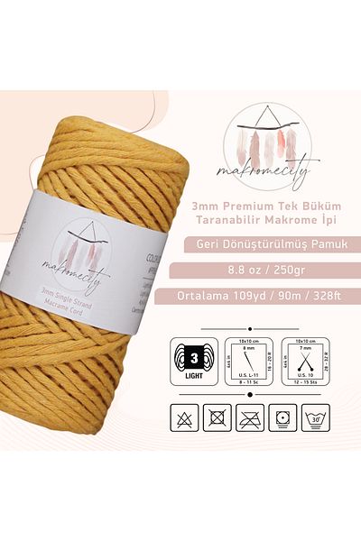 Makromecity Taranan Macrame Σχοινί 3mm Βαμβακερό Μακραμέ Σχοινί Μακραμέ Σχοινί Μουστάρδα