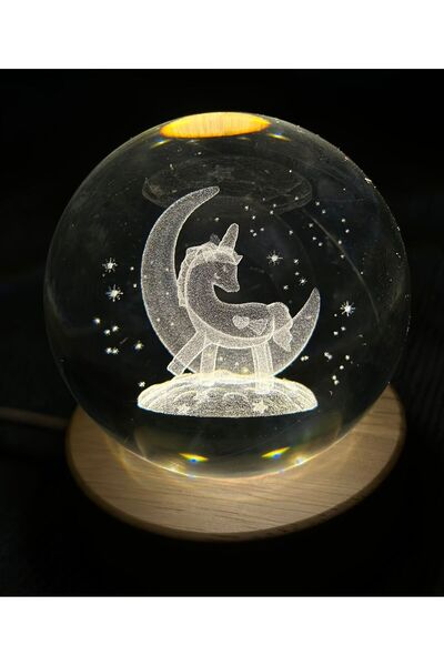 FASTSELLER Işıklı Cam Küre Unicorn Hilal Usb'li Duvar Yansıtmalı Ofis Yatak O...