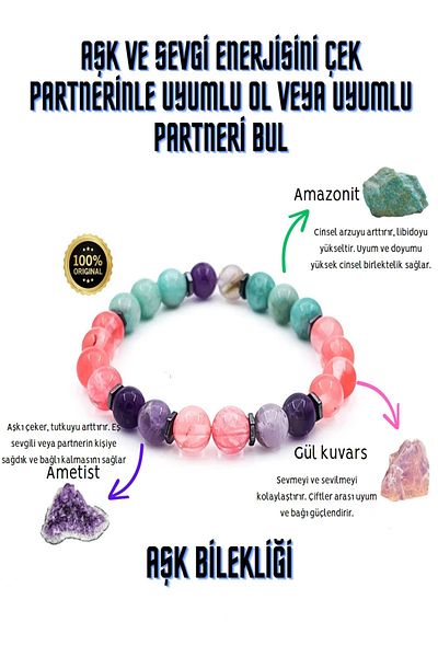 NehirTaş Natural Amethyst and Amazonite Rose Quartz Bracelet - Certified