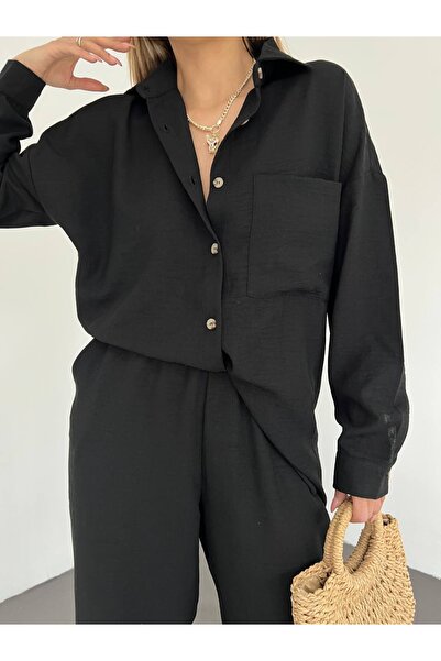 Ekim Store Keten Düğmeli Siyah Takım
