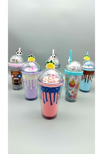 KRD Home Double Wall Glitter Fiberous Leak Proof Cup with Straw