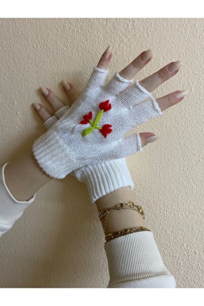 sema aksesuar Handmade Flower Embroidered Fingers Cut Gloves - Fingerless Gloves - Gift Valentine's Day
