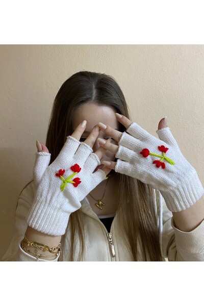 sema aksesuar Handmade Flower Embroidered Fingers Cut Gloves - Fingerless Gloves - Gift Valentine's Day