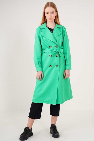 hazelin Women's Green Double Breasted Collar Belted Unlined Seasonal Casual Trench Coat Hzl22s-bd158531