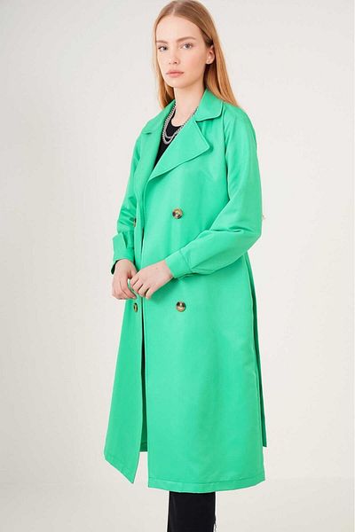 hazelin Women's Green Double Breasted Collar Belted Unlined Seasonal Casual Trench Coat Hzl22s-bd158531