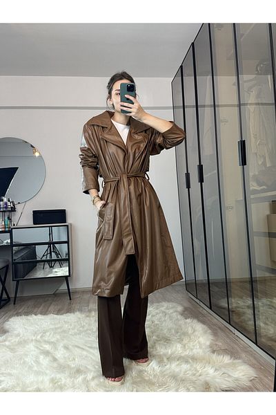 Jaglion Women's Tan Leather Trench Coat