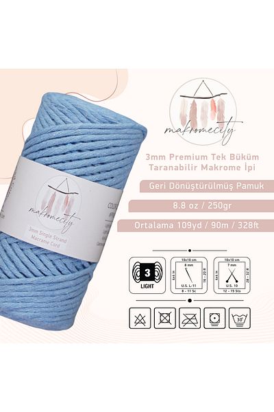 Makromecity Taranan Macrame Σχοινί 3mm Αφαιρούμενο Βαμβακερό Macrame Σχοινί Macrame Σχοινί Baby Blue
