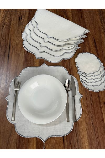 NURHAN HOME COLLECTION Set de 12 bucăți brodat argintiu pentru servire și servețe de prezentare pentru cocktail