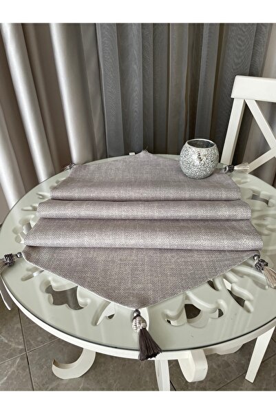 ZEYNEPTEKS Gri Kabartmalı Astarlı Püskül Detaylı Kendinden Desenli Runner