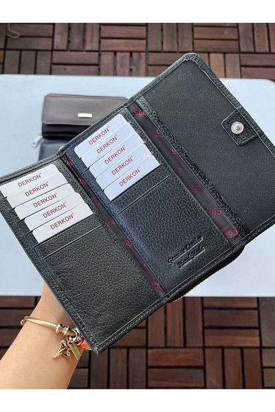 DERKON Jolly Model 100% Genuine Leather Useful Women's Wallet Black