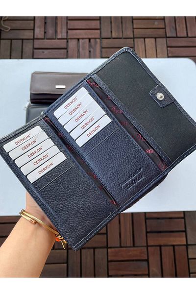 DERKON Jolly Model 100% Genuine Leather Useful Women's Wallet Navy Blue