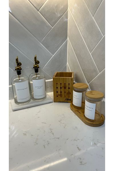 may home design 2-Piece Labeled Glass Oil Pot with Marble Stand/Bamboo Spoon Holder/2-Piece Spice Holder with Bamboo Lid Stand