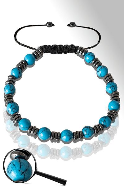 Tesbih Atölyesi Certified Silver Hematite 6mm Natural Turquoise Bracelet - Adjustable