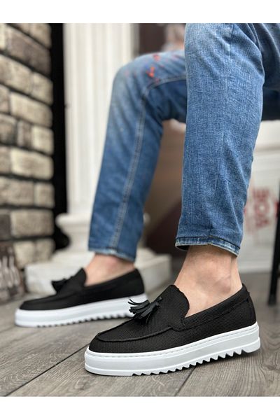 BOA TNSSOFTBA0154 Laceless High Sole Linen Black Color Tasseled Men's Shoes