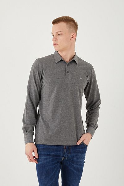 Sporting Men's Melange Gray Pique Fabric Shirt Collar Buttoned Cuff Long Sleeve T-shirt