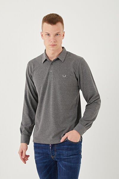 Sporting Men's Melange Gray Pique Fabric Shirt Collar Buttoned Cuff Long Sleeve T-shirt