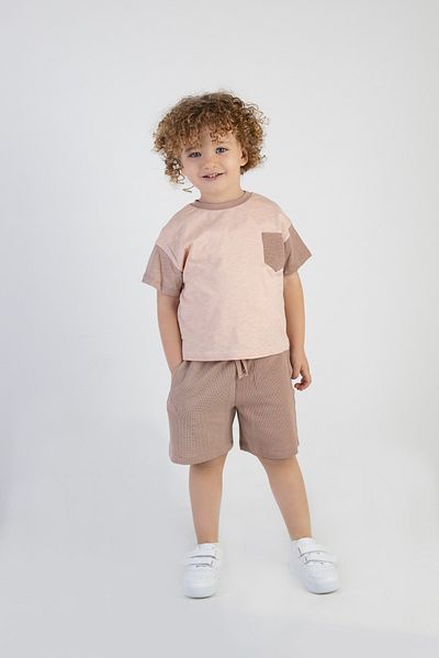 Harika KIDS Boy's Brown Pattern Short Sleeve Basic Top and Bottom Set with Shorts