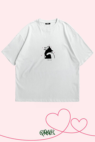 Grove Fashion Lover Cat Printed Valentine's Day Couple Oversize T-Shirt