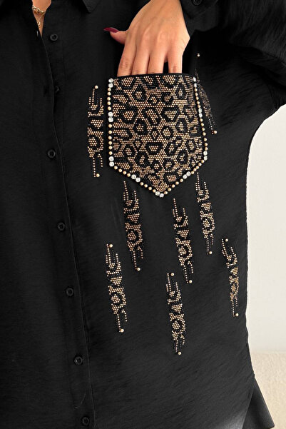 Bold Grup Women's Stone Embroidered Black Linen Cotton Shirt