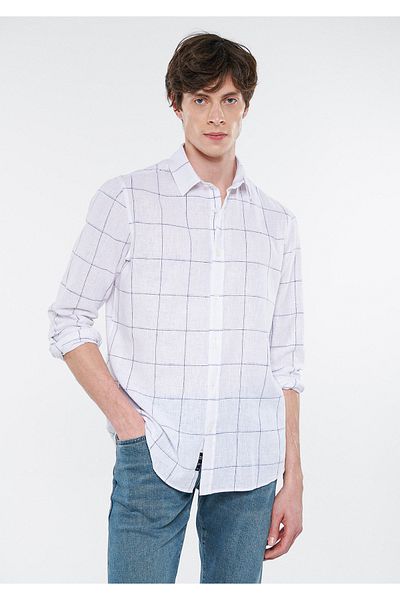 Mavi Cămașă albă cu carouri din amestec de in, slim fit / slim fit 0210654-84676