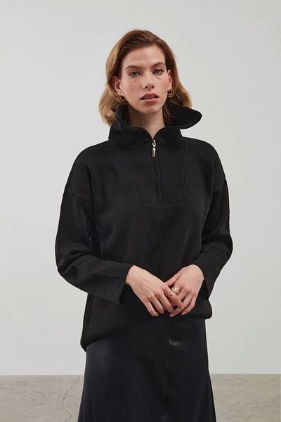Melike Bakar Boutique Pulover supradimensionat cu mânecă lungă, cu jumătate de fermoar