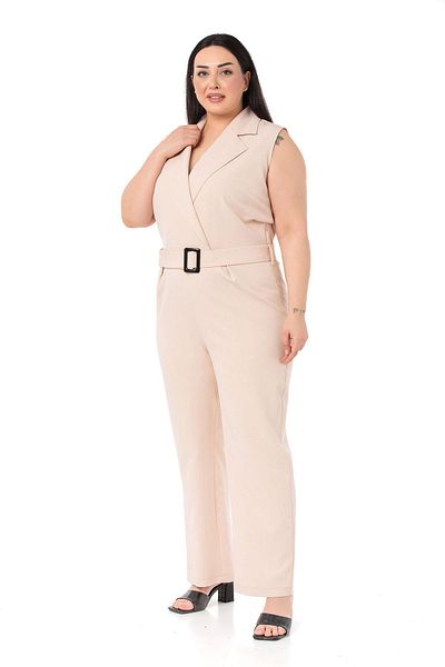 DISENTIS MODEST Plus Size Double-breasted Beige Jumpsuit with Elastic Waist, Zipper Closure and Belt