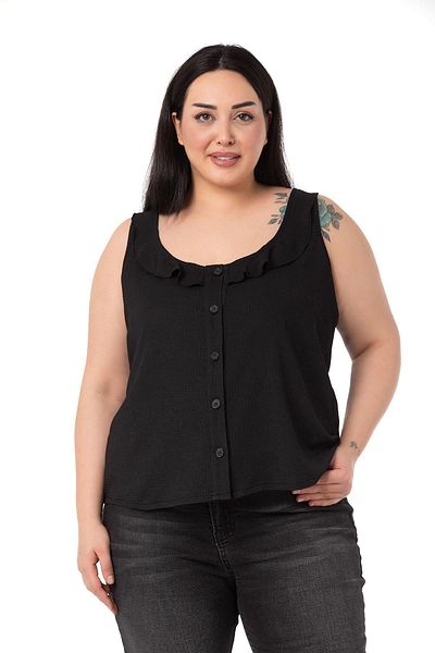 DISENTIS MODEST Plus Size Ruffle Collar Sleeveless Buttoned Black Blouse