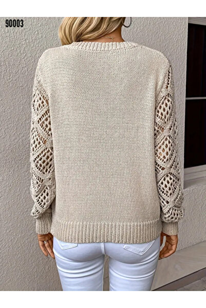 Modayakamoz Women's long-sleeved V-neck Sleeve-hole Diamond Pattern Detailed Knitwear Sweater