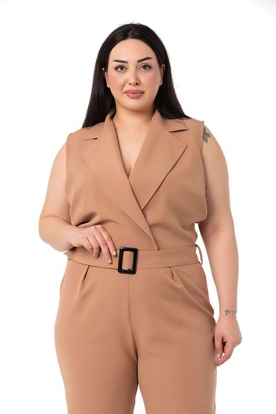 DISENTIS MODEST Plus Size Double-breasted Elastic Waist Zipper Closure Belt Mink Jumpsuit