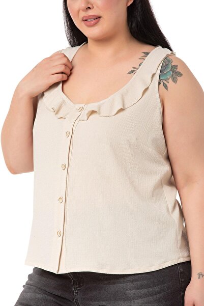 DISENTIS MODEST Plus Size Ruffle Collar Sleeveless Buttoned Beige Blouse
