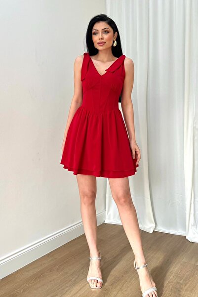 vuvutasarım Red Atlas Fabric V Low-cut Skirt Layered and Shoulder Tie Design Mini Dress 160