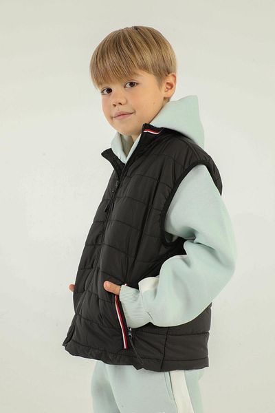 Black One Stand Collar Zipper Detailed Boy's Vest
