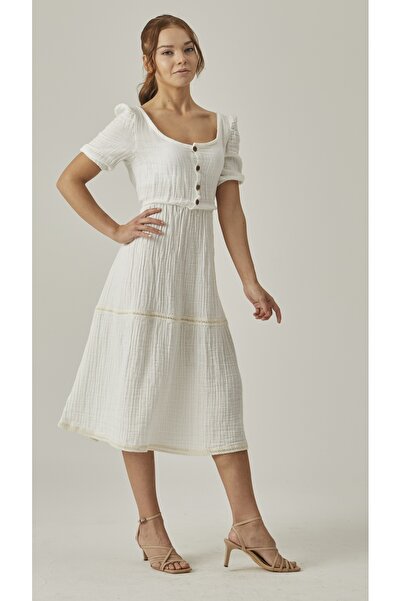 MUTİR فستان موسلين بأكمام البطيخ متوسط الطول