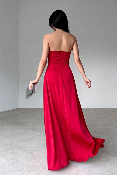 lovebox Women's Satin Fabric Double Skirt Formed Strapless Collar Slit Detailed Red Maxi Evening Dress 161