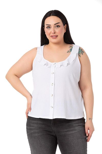 DISENTIS MODEST Plus Size Ruffle Collar Sleeveless Buttoned White Blouse