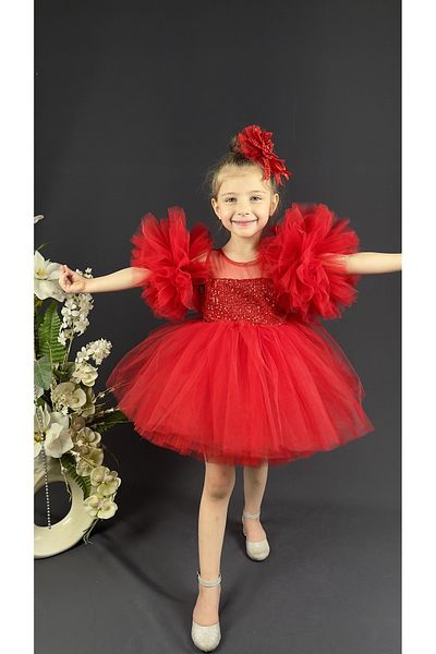Sevimlice Kids Chiffon Robe Pompom Sleeve Sequined Girl's Fluffy Skirt Tutu Evening Dress