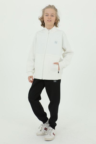 Black One Boy's Stand Collar Print Detailed Double Pocket Cardigan Three Piece Tracksuit Set