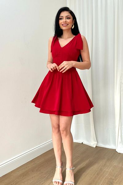lovebox Women's Atlas Fabric V Low-cut Design Skirt Tiers Off the Shoulder Red Mini Evening Dress 160
