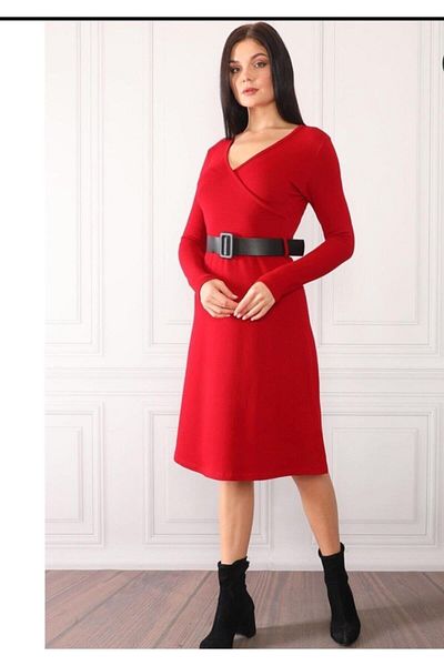 NY MODA Rochie elegantă, cu centură roșie, cu guler dublu, lungime midi