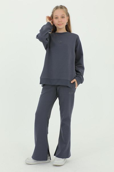 Black One Cotton 2-Piece Top and Bottom Girl's Tracksuit Set with Crew Neck Slit and Spanish Leg Print Detail