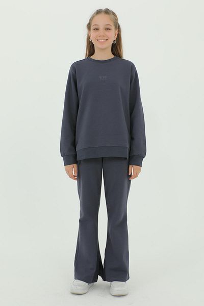 Black One Cotton 2-Piece Top and Bottom Girl's Tracksuit Set with Crew Neck Slit and Spanish Leg Print Detail