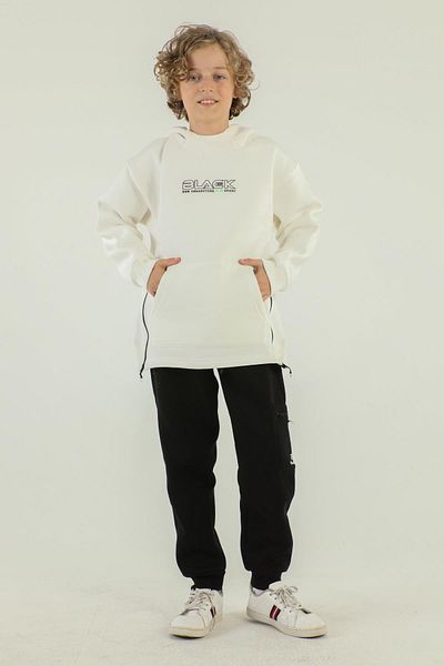 Black One Hooded Cargo Pocket Side Zipper Detailed Thick Boy's Tracksuit Set