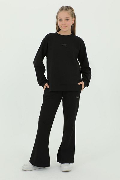 Black One Βαμβακερό σετ φόρμας κοριτσίστικης φόρμας 2 τεμαχίων με τοπ και κάτω μέρος με σκίσιμο στο λαιμό και λεπτομέρεια εκτύπωσης ισπανικού ποδιού