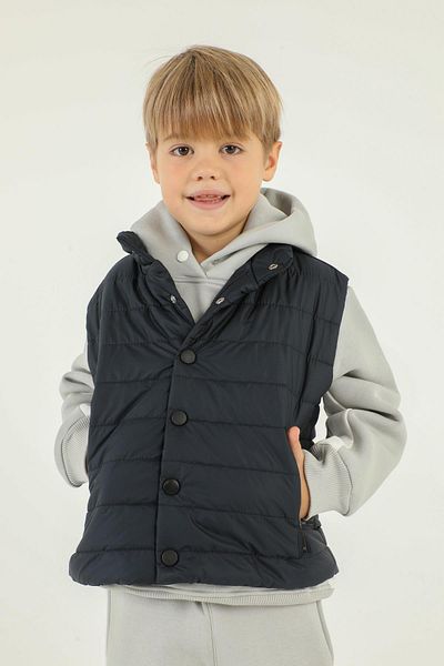 Black One Stand Collar Button Detailed Double Pocket Boy's Inflatable Vest