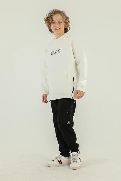Black One Hooded Cargo Pocket Side Zipper Detailed Thick Boy's Tracksuit Set