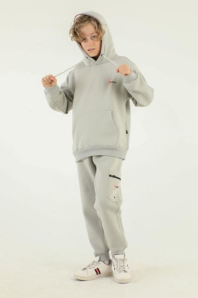Black One Hooded Cargo Pocket Print Detailed Boy's Tracksuit Set